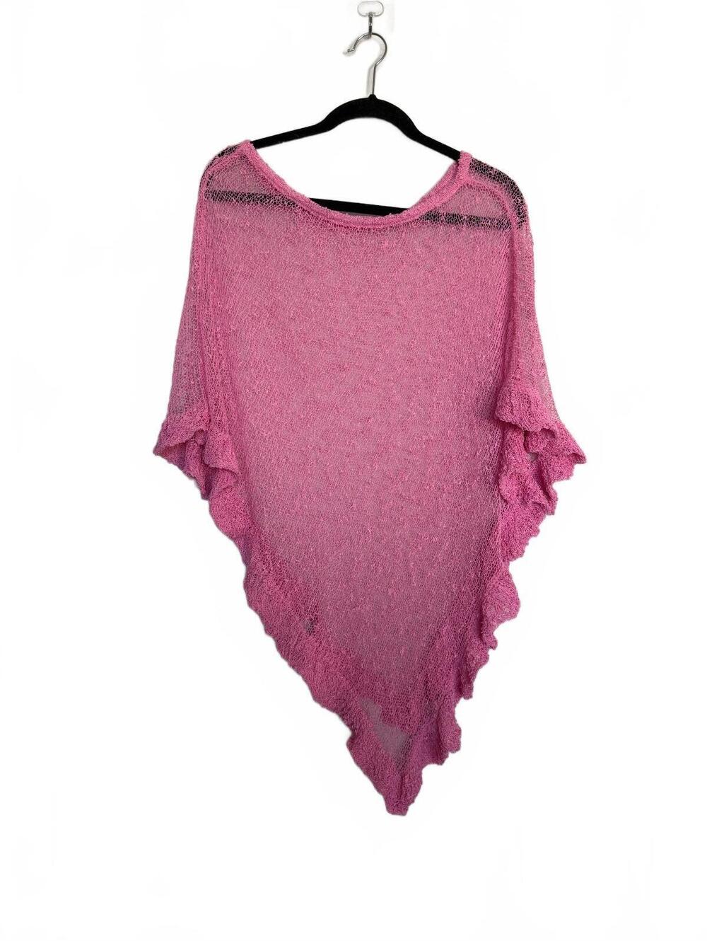 Vintage Y2k Pink Coquette Sheer Knit Poncho with Ruffle Edge